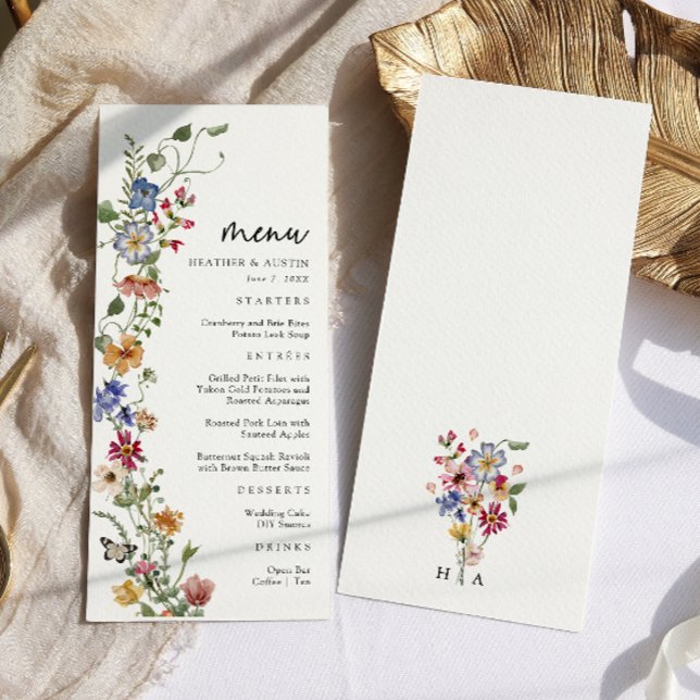 Menu Cardápio de Casamento Floral Colorido (Watercolor Colorful Wildflower Monogrammed Wedding Menu by Painted Paperie)