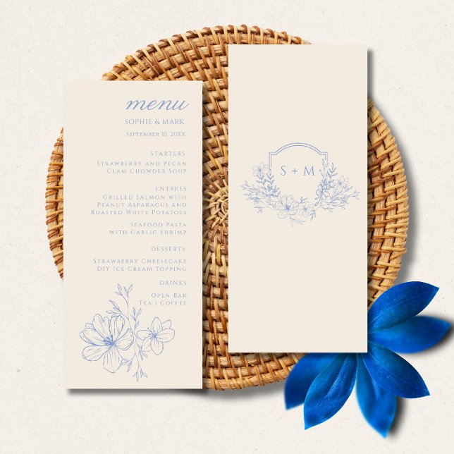 Menu Cardápio de casamento floral com crista e monogram (Criador carregado)