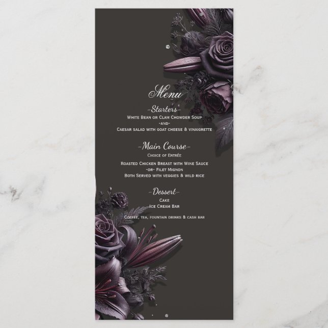 Menu Cardápio de Casamento Floral com Rosa preto-roxo (Frente)