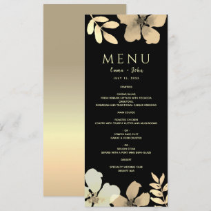 Menu Cardápio de Casamento Floral Dourado e Preto