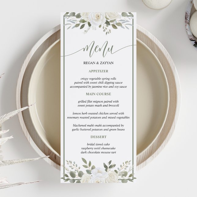 Menu Cardápio de Casamento Floral Elegante Marfim e Sag (Criador carregado)