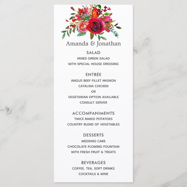 Menu Cardápio de Casamento Floral em Aquarela (Frente)