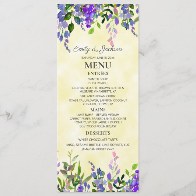 Menu Cardápio de Casamento Floral Lavanda Aquarela Amar (Frente)