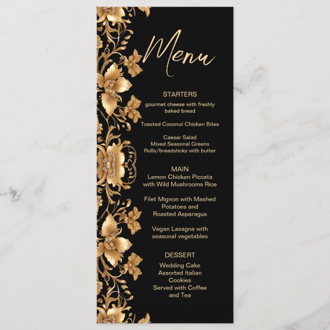 Menu Cardápio de Casamento Floral Ornamentado Dourado P (Frente)