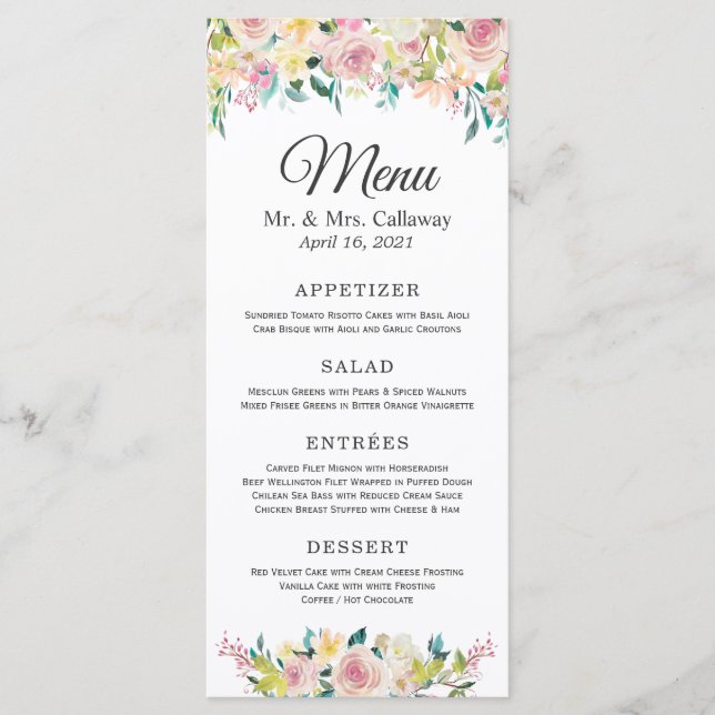 Menu Cardápio de Casamento Floral Pastel Bege (Frente)