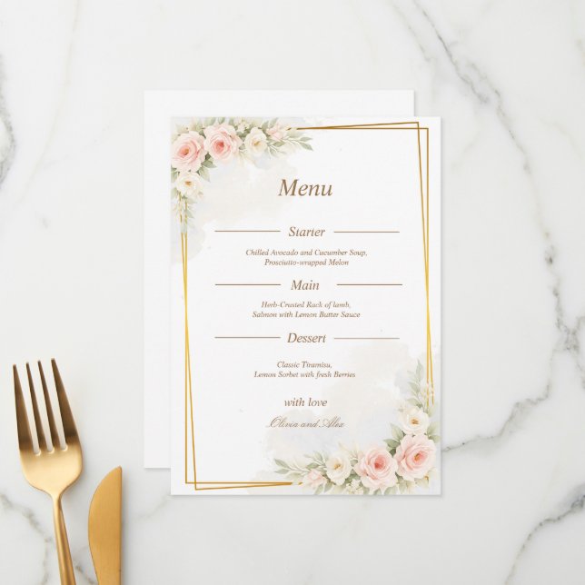 Menu Cardápio de Casamento Floral Romântico com Peônia  (Frente/Verso In Situ)