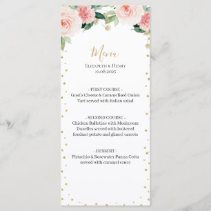 Menu Cardápio de casamento floral rosa dourado peônia e