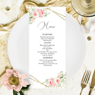 Menu Cardápio de Casamento Floral Rosa Elegante Geométr
