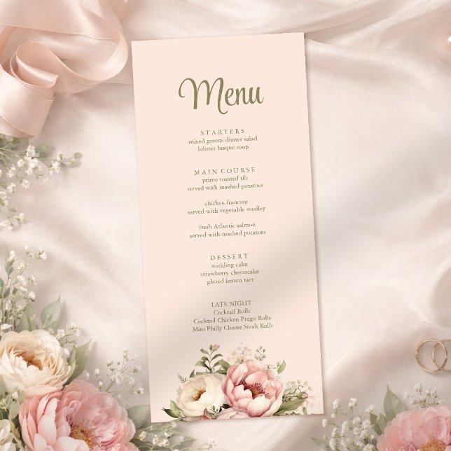 Menu Cardápio de casamento floral rosa poeirento (Dusty Blush Floral Wedding Menu on a soft silk with blush and pink peonies)