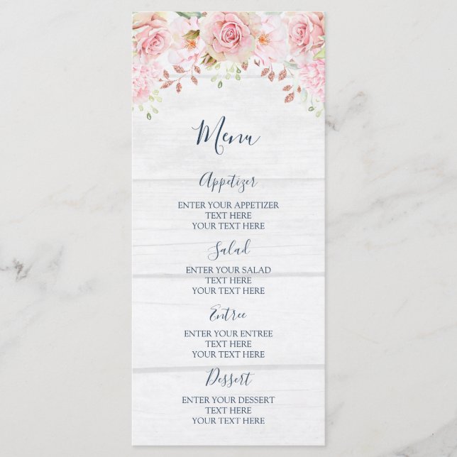 Menu Cardápio de Casamento Floral Rosa Rústico de Prima (Frente)