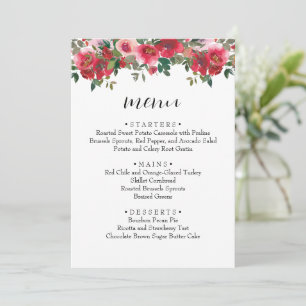 Menu Cardápio de Casamento Floral Rosa Vermelho Aquarel