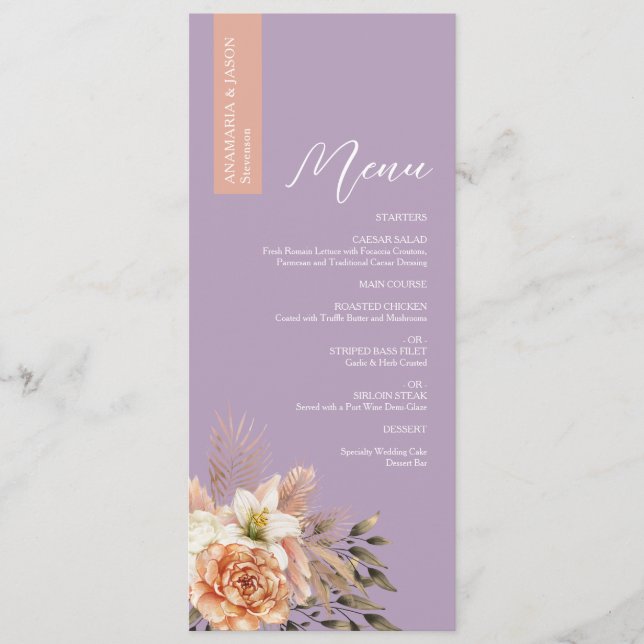 Menu Cardápio de Casamento Floral Roxo Rústico com Nome (Frente)
