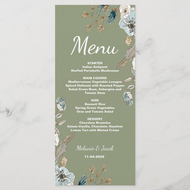 Menu Cardápio de casamento floral Rustic Sage 4x9 plano (Frente)