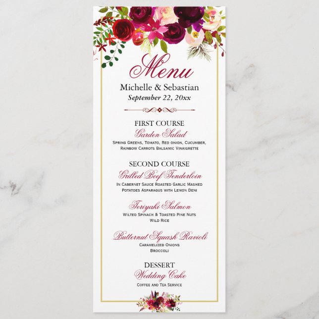 Menu Cardápio de Casamento Floral Rústico Borgonha Mars (Frente)