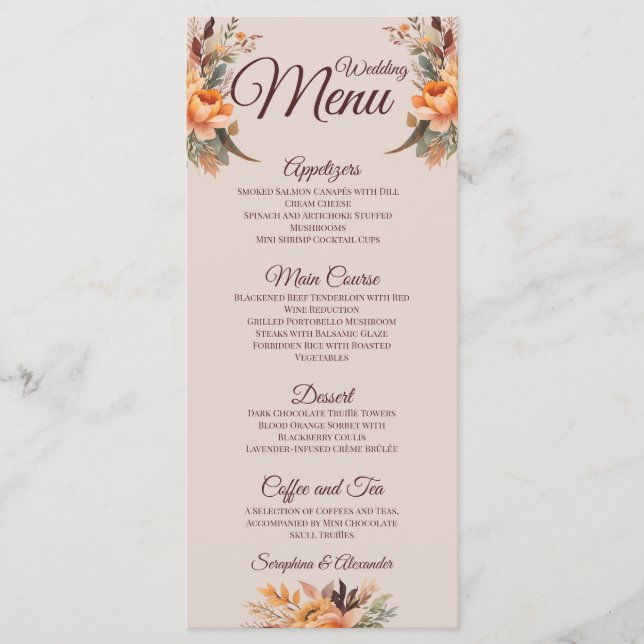 Menu Cardápio de Casamento Floral Rústico em Aquarela d (Frente)