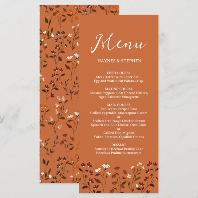 Menu Cardápio de Casamento Floral Terracota Rústico (Frente/Verso)