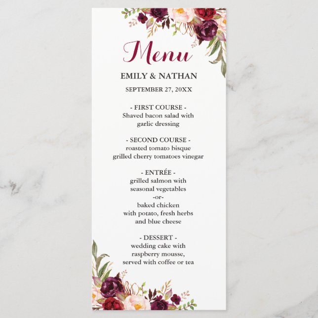 Menu Cardápio de Casamento Floral Vermelho Borgonha (Frente)