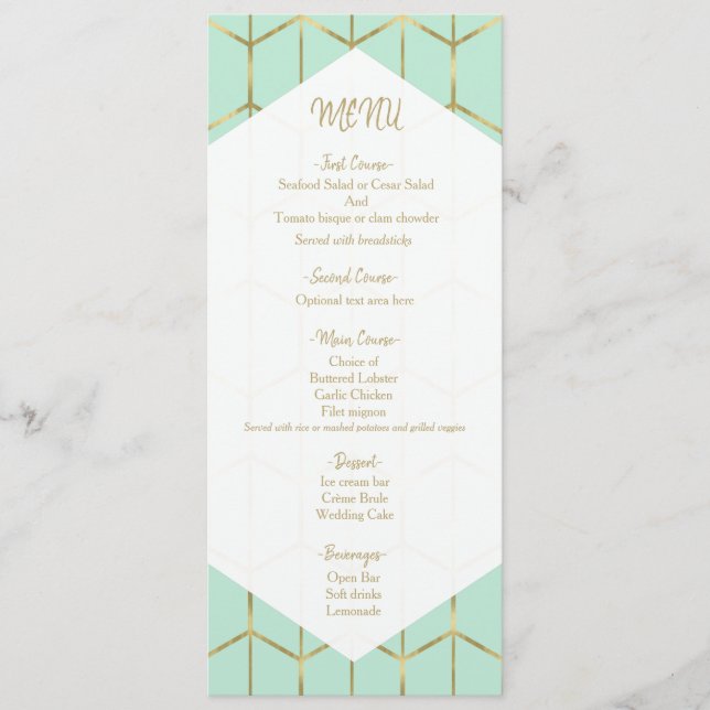 Menu Cardápio de Casamento Geométrico Dourado Hexágono  (Frente)