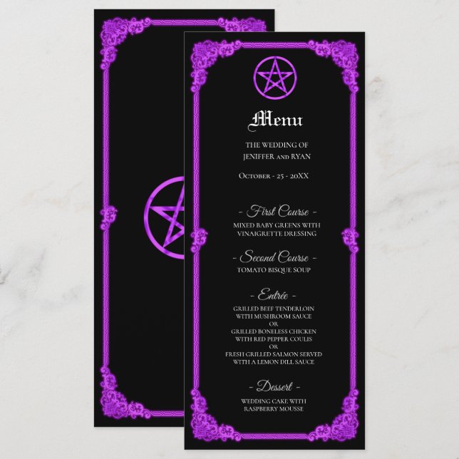 Menu Cardápio de casamento gótico com brilho roxo bruxo (Frente/Verso)