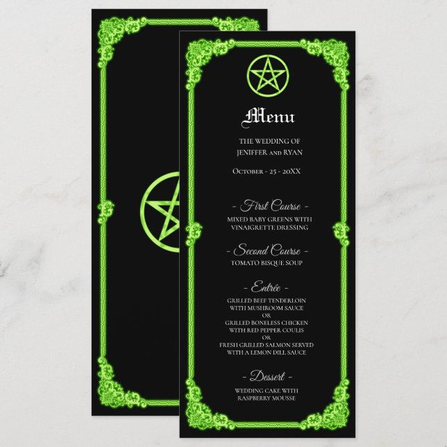Menu Cardápio de casamento gótico com brilho verde brux (Frente/Verso)