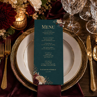 Menu Cardápio de casamento gótico floral em azul-marinh