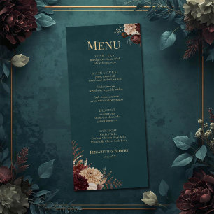 Menu Cardápio de casamento gótico floral em azul-marinh