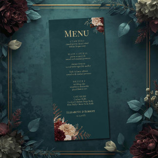 Menu Cardápio de casamento gótico floral em azul-marinh