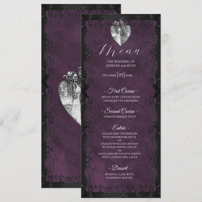 Menu Cardápio de casamento gótico roxo elegante (Frente/Verso)