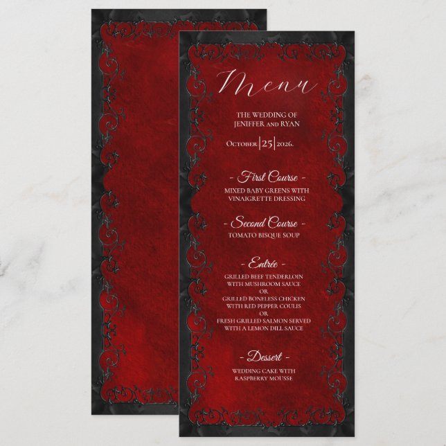 Menu Cardápio de casamento gótico vermelho elegante (Frente/Verso)
