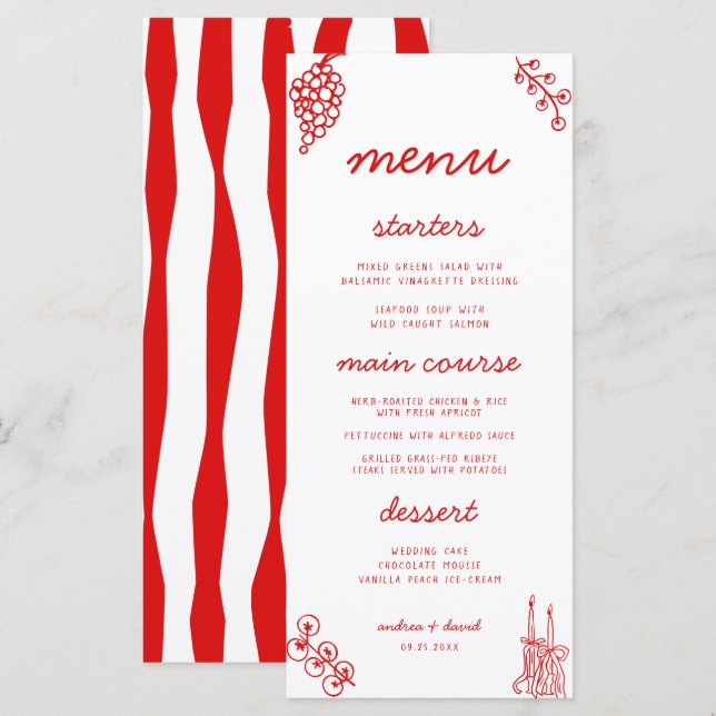 Menu Cardápio de Casamento Italiano com Listras Vermelh (Frente/Verso)