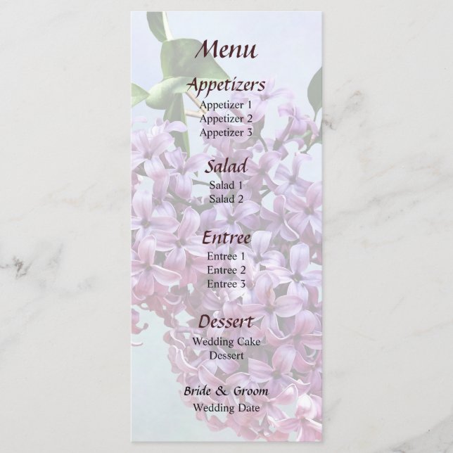Menu Cardápio de Casamento Lilases Rosa Delicado (Frente)