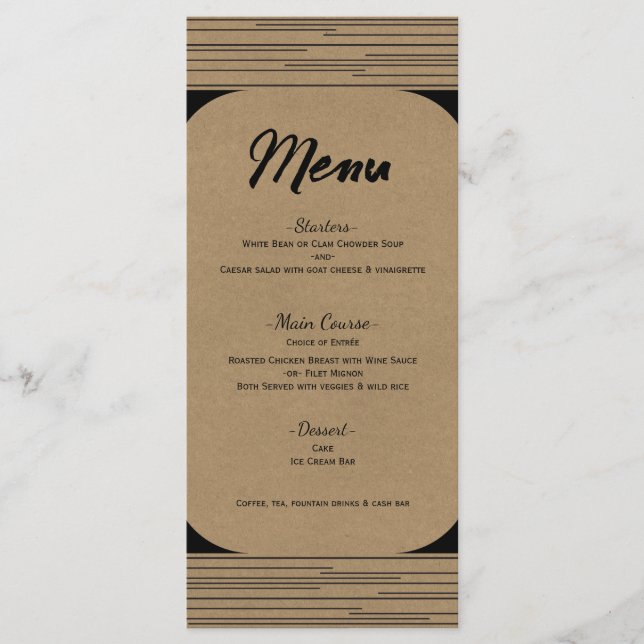 Menu Cardápio de Casamento Linhas Modernas Kraft Preto (Frente)