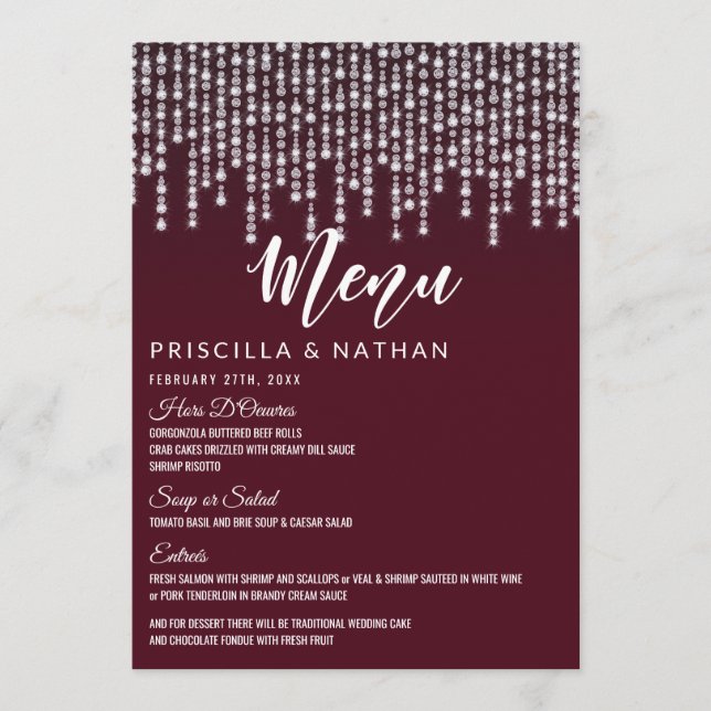 Menu Cardápio de Casamento Luzes em Diamante Pendentes  (Frente)