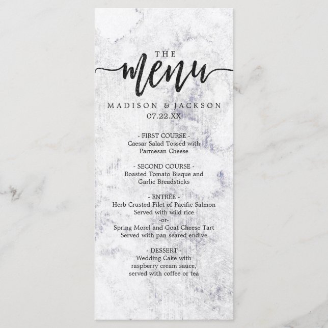 Menu Cardápio de Casamento Mármore Branco e Cinza Chic (Frente)