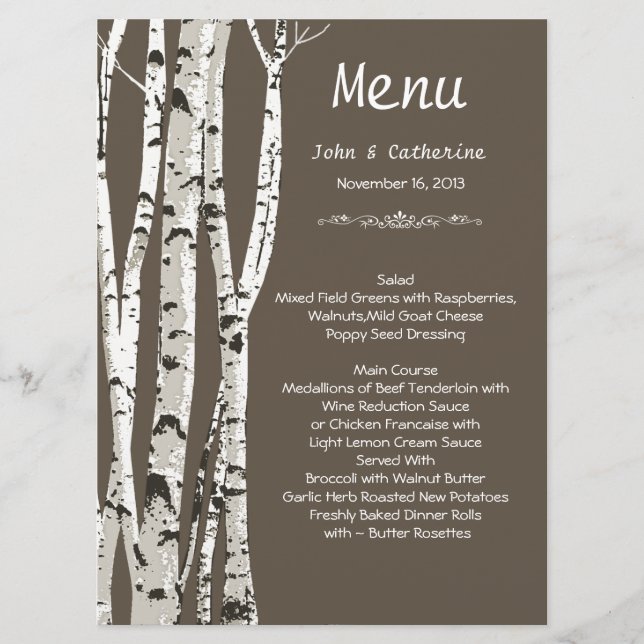 Menu Cardápio de Casamento Marrom Elegante com Bétulas (Frente)