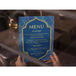 Menu Cardápio de Casamento Marroquino com Aquarela Azul