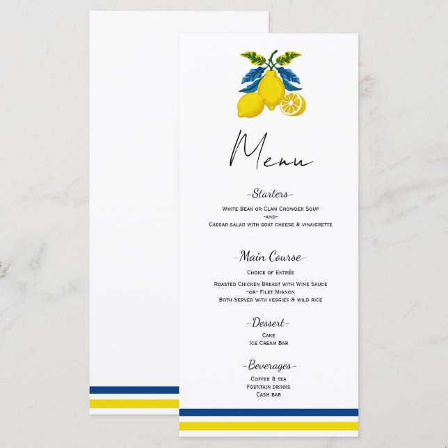 Menu Cardápio de Casamento Mediterrâneo Limão Amarelo A (Frente/Verso)