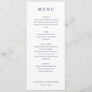 Menu Cardápio de Casamento Minimalista Azul Naval Elega