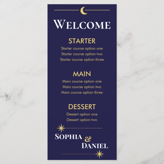 Menu Cardápio de Casamento Minimalista Celestial (Frente)