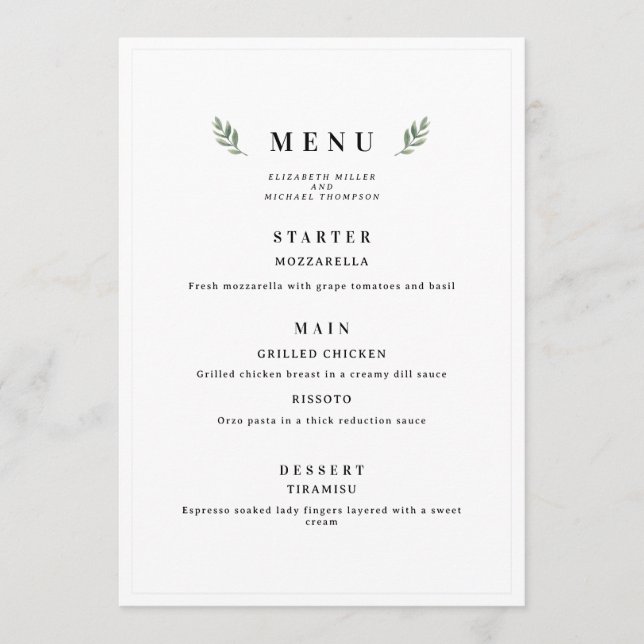 Menu Cardápio de Casamento Minimalista Clássico Simples (Frente)