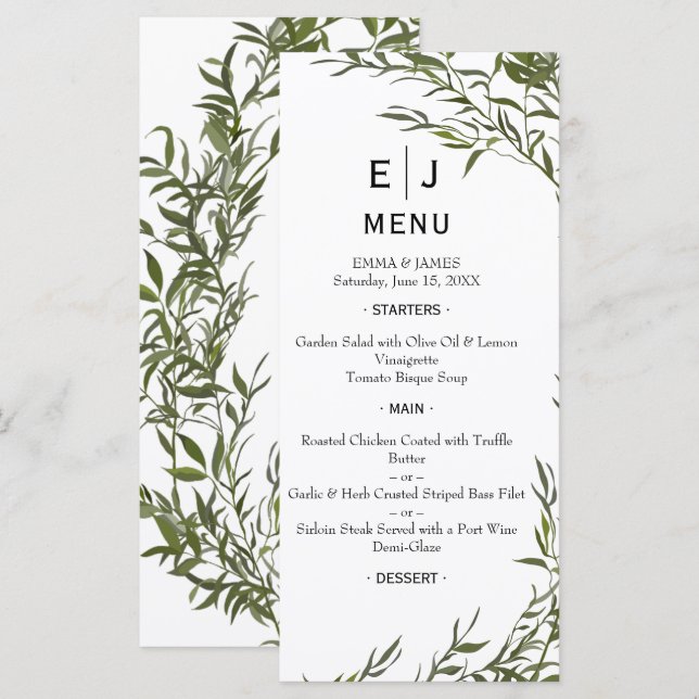 Menu Cardápio de casamento minimalista com verde elegan (Frente/Verso)