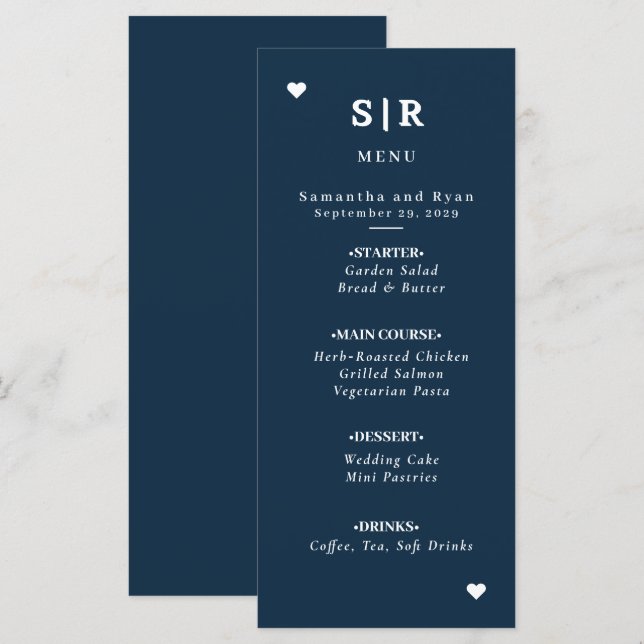 Menu Cardápio de Casamento Minimalista Marinho (Frente/Verso)