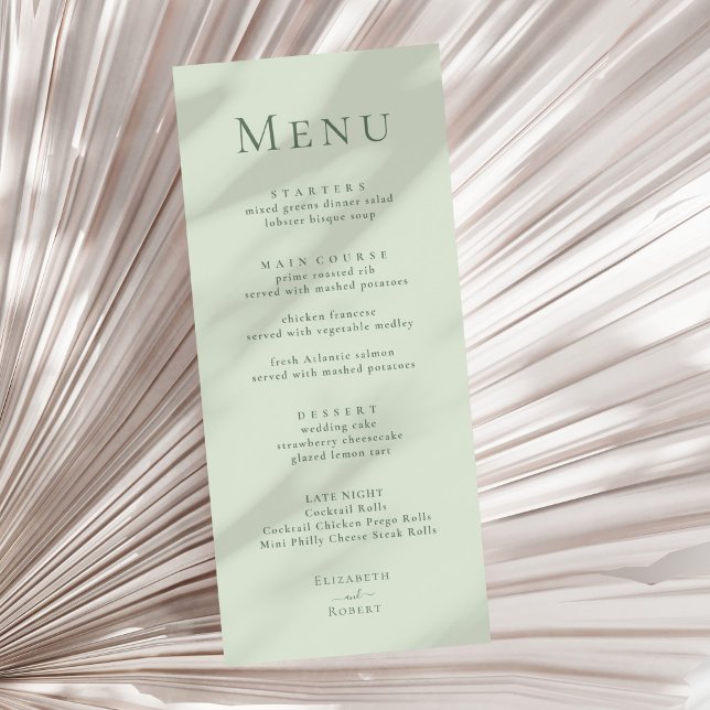 Menu Cardápio de Casamento Minimalista Moderno em Verde (Pale Sage Green Modern Minimalist Wedding Menu on a sunny neutral dry palm leaf.)