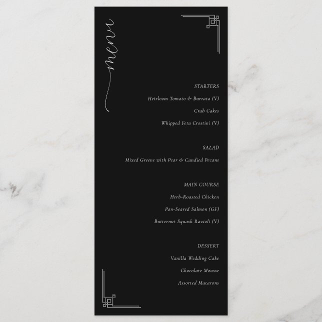 Menu Cardápio de Casamento Minimalista Preto Sofisticad (Frente)