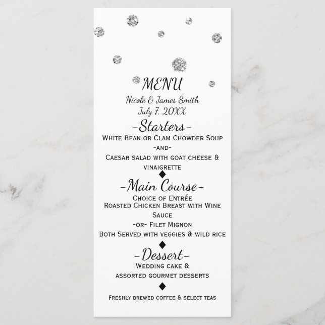 Menu Cardápio de Casamento Moderno com Pontos Brilhante (Frente)