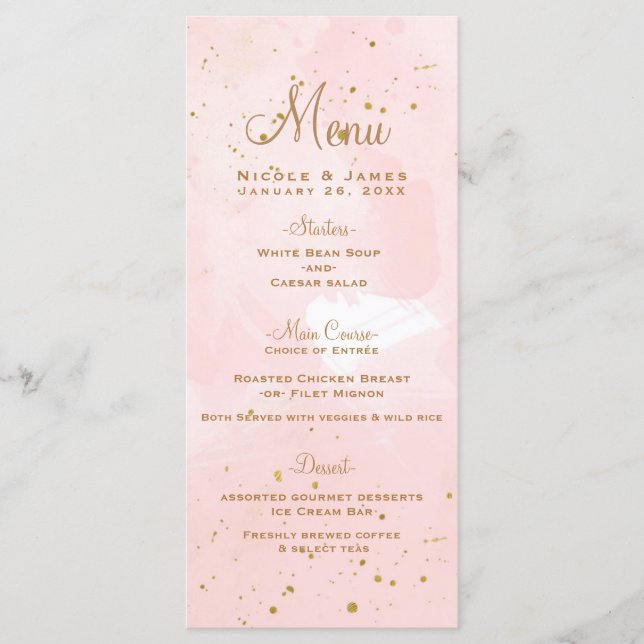 Menu Cardápio de Casamento Moderno Rosa Bege e Dourado  (Frente)