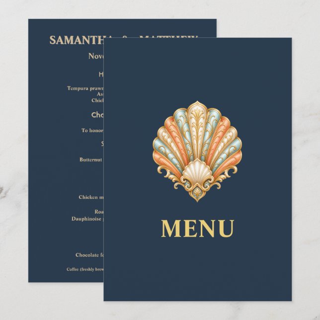 Menu Cardápio de Casamento na Praia Blue Gold Seashell (Frente/Verso)
