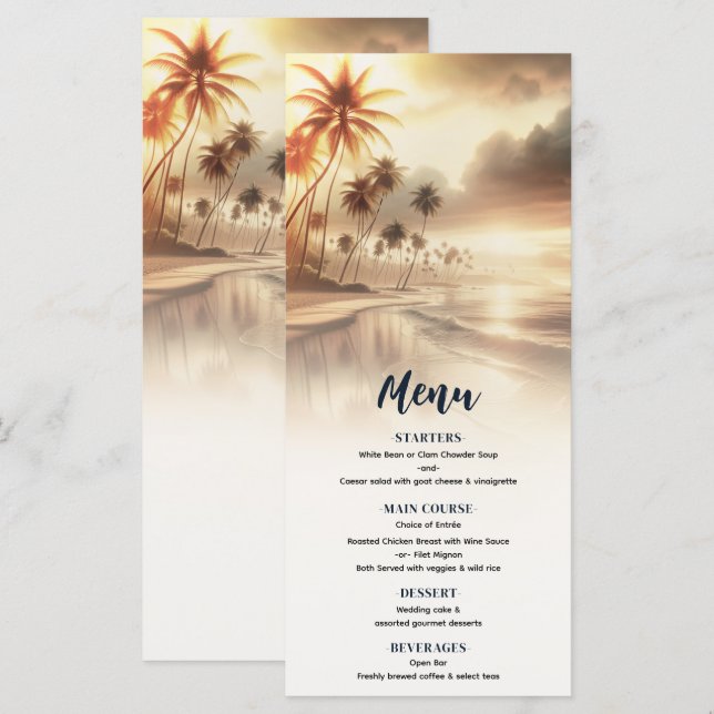 Menu Cardápio de Casamento na Praia com Palmeiras e Pôr (Frente/Verso)