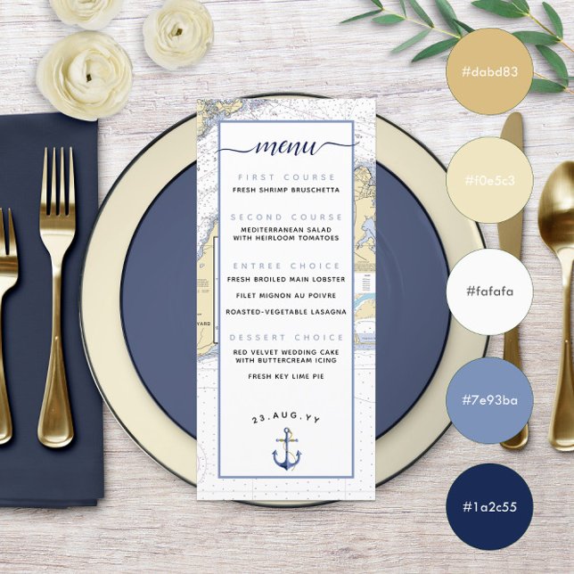 Menu Cardápio de casamento náutico de Martha's Vineyard (Martha's Vineyard ⚓ Nautical Wedding Menu in Muted Blue and Pale Yellow with Color Swatches )