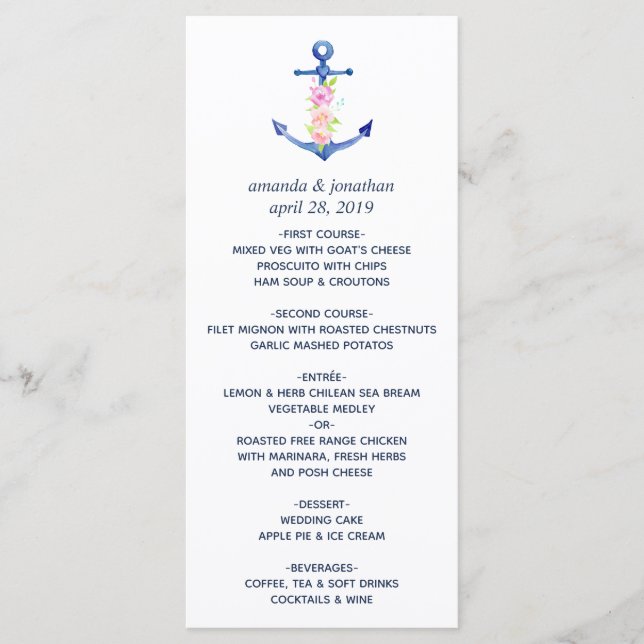 Menu Cardápio de casamento náutico floral em aquarela (Frente)